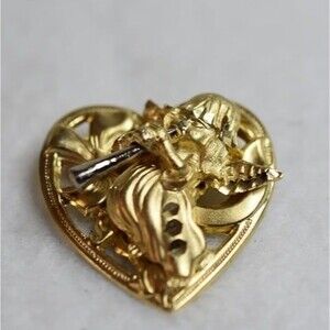 Unique Flute Playing Angel Heart Gold Silver Tone Like New Statement Brooch